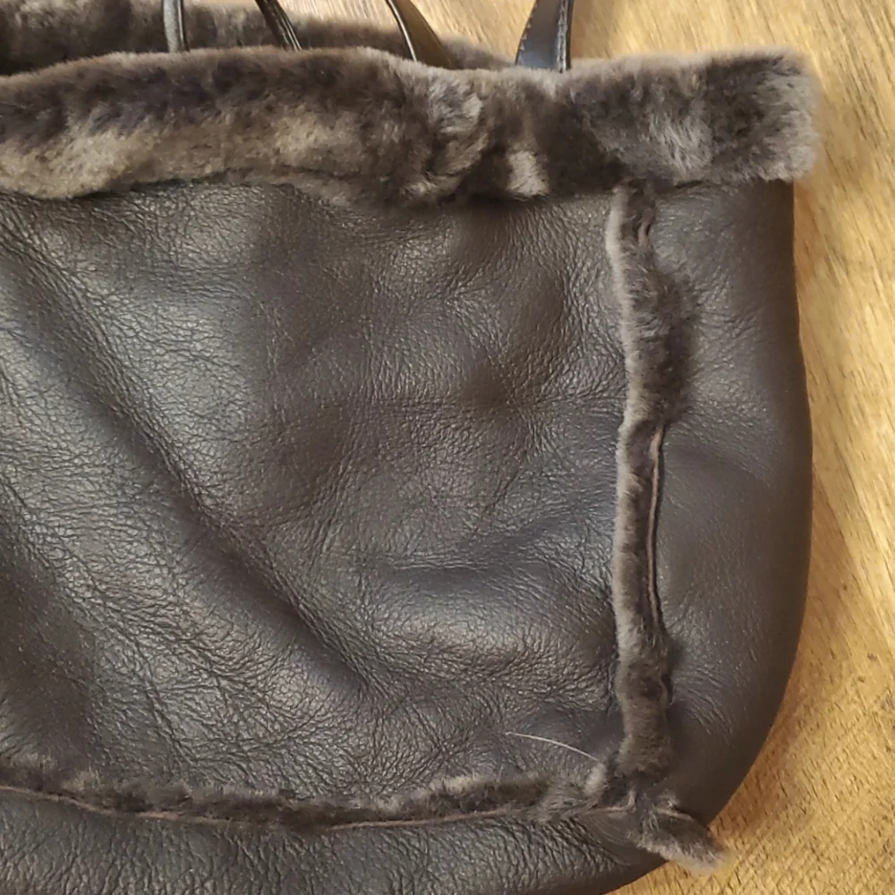 Aston New York Brown Leather Shearling Plush Tote Bag Shoulder‎ Purse